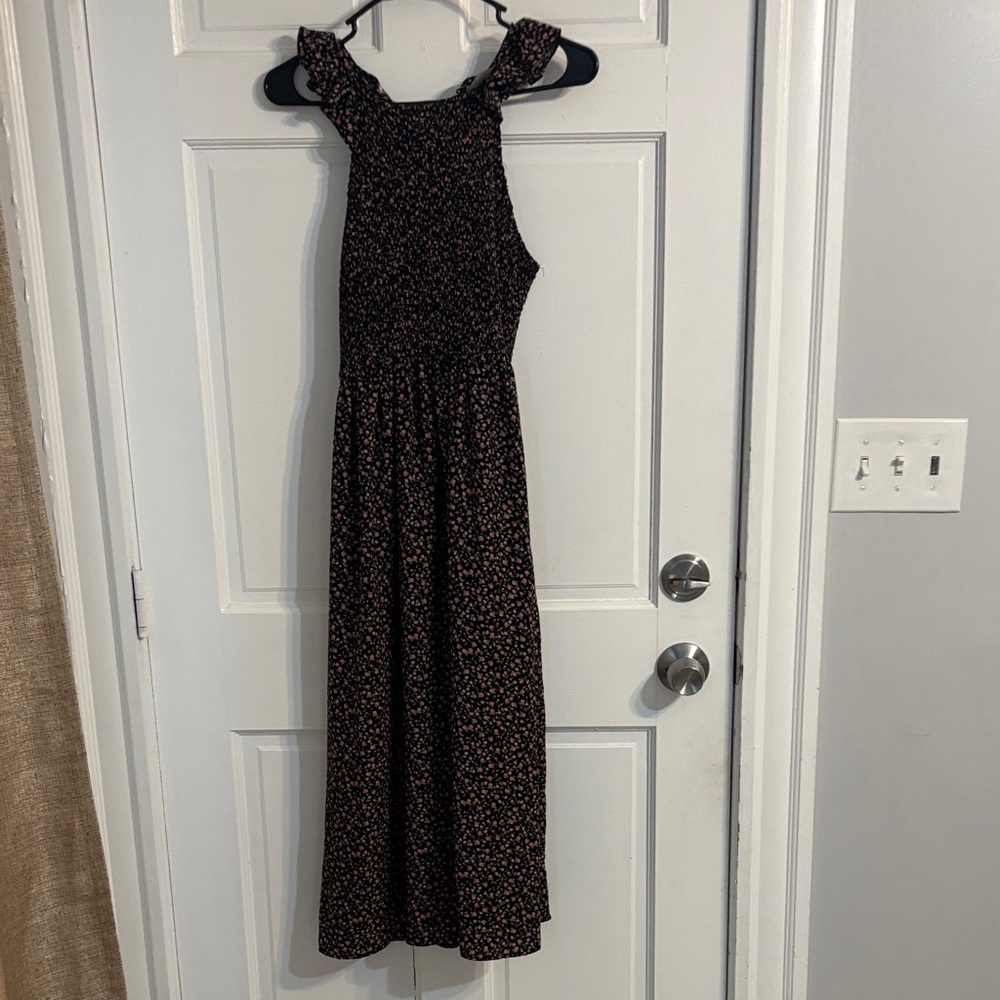 Black Floral Midi Dress with Ruffle Shoulders